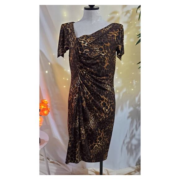David Meister Dresses & Skirts - David Meister Leopard Print Side Ruched Flutter Sleeve Midi Dress Womens Size 12